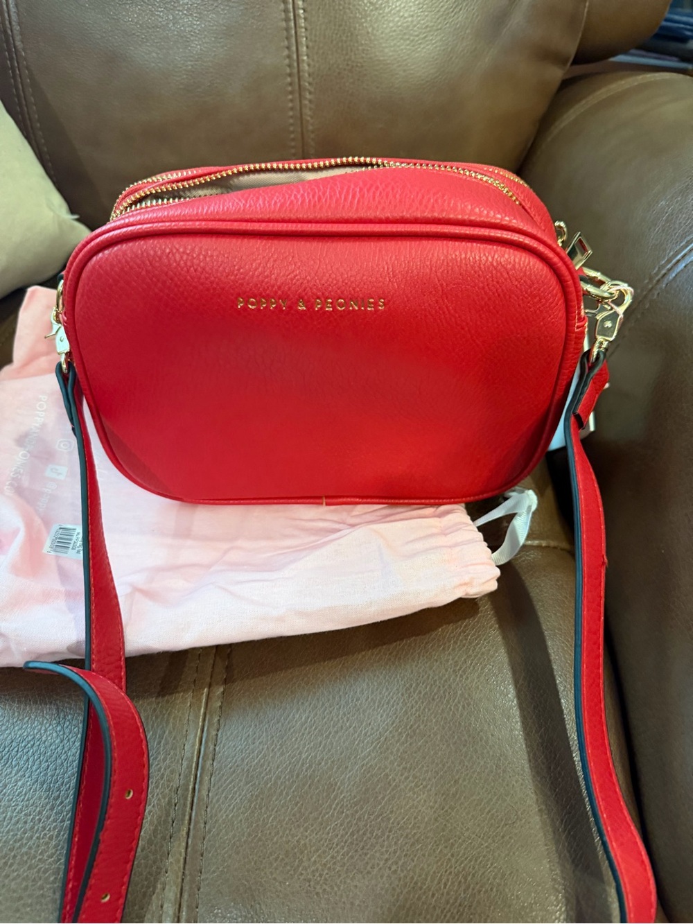 Poppy & Peonies Red Leather Crossbody with Gold Accents - Picture 3 of 5